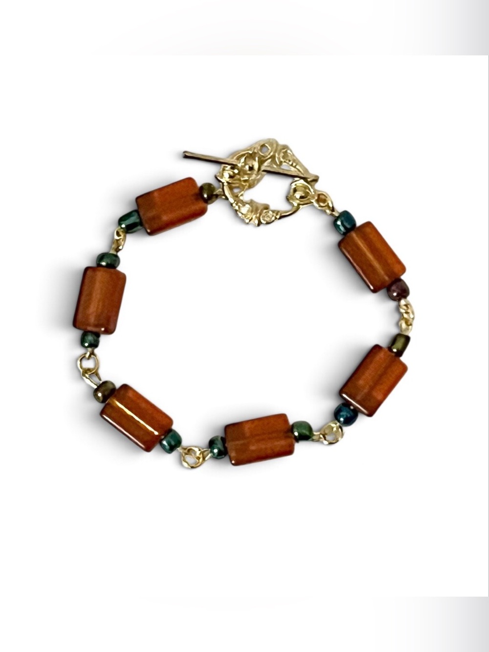 Handmade Beaded Bracelet Toggle Clasp Brown Glass Bead Earthy Fall Colors Boho
